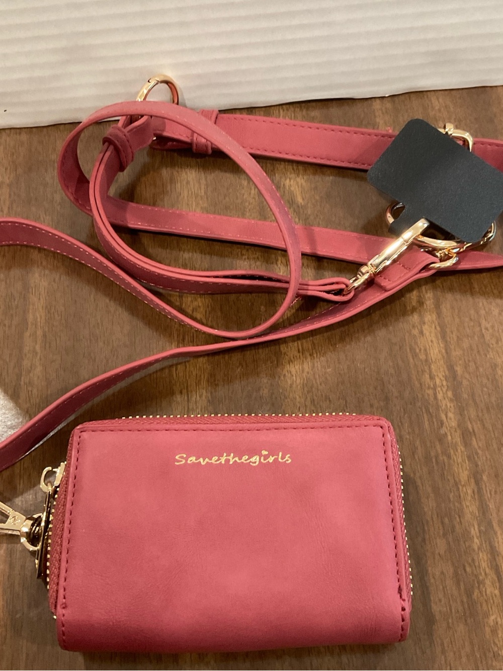 Save the girls rose pink wallet Cross Body bag adjustable straps, hooks clips